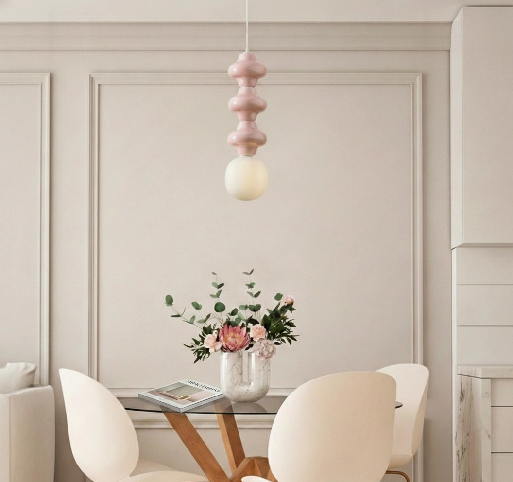 Suspension Clio L céramique rose avec verre blanc