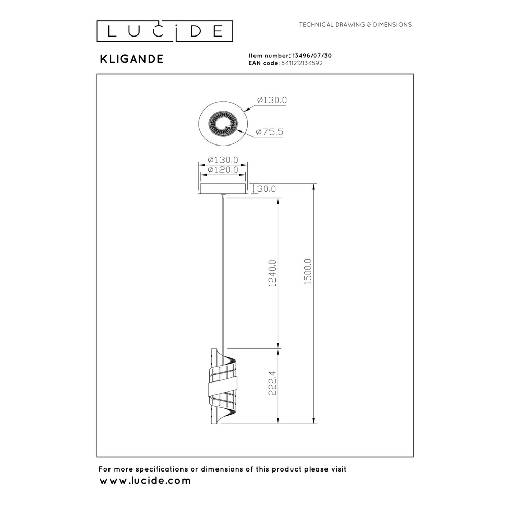 Lampe pendante de conception Kligande noir Ø 13cm Lucide 5411212134592