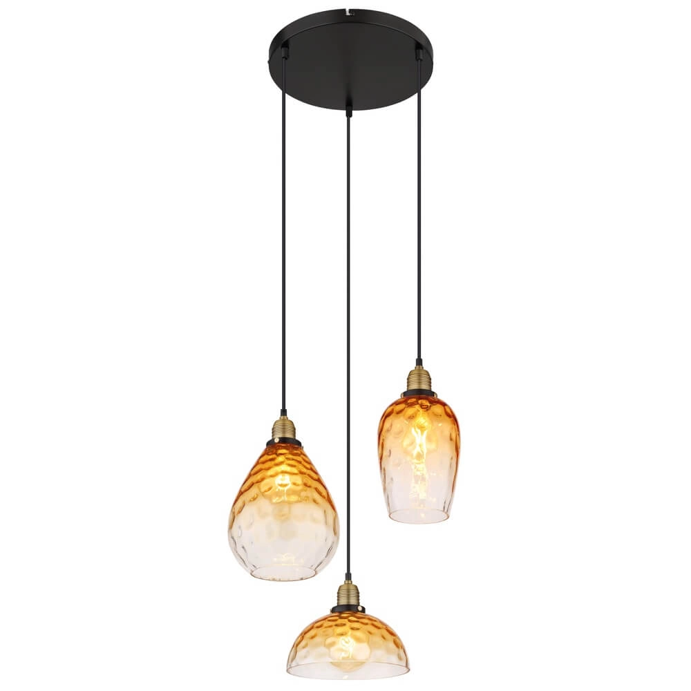 Suspension 3 lumières ronde Salvy Nid d’abeille en verre ambré Suspension 3 lumières ronde Salvy Nid d’abeille en verre ambré