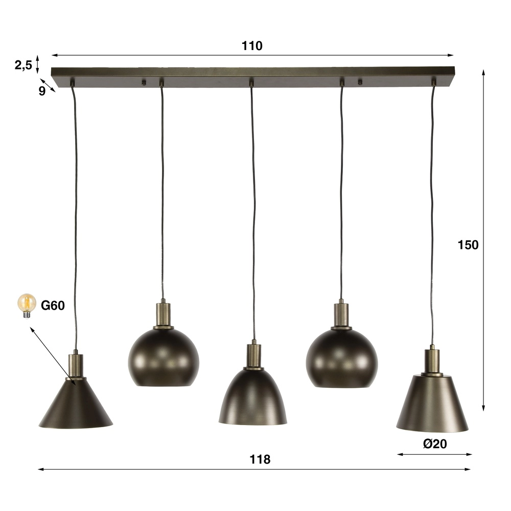 Lampe pendante de table à manger Metallo 5L - Brun Sienna - E27 Lyora 8716803512337