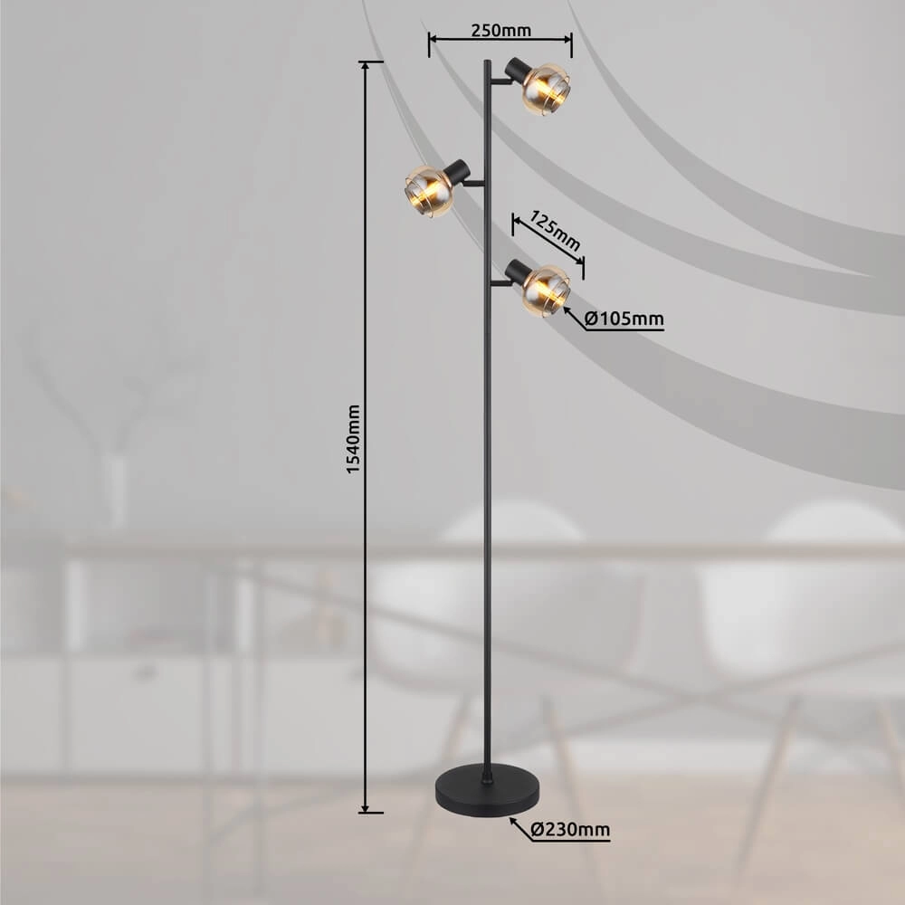Lampadaire noir Tokki Verre fumé ambré à 3 lumières Globo 9007371449033
