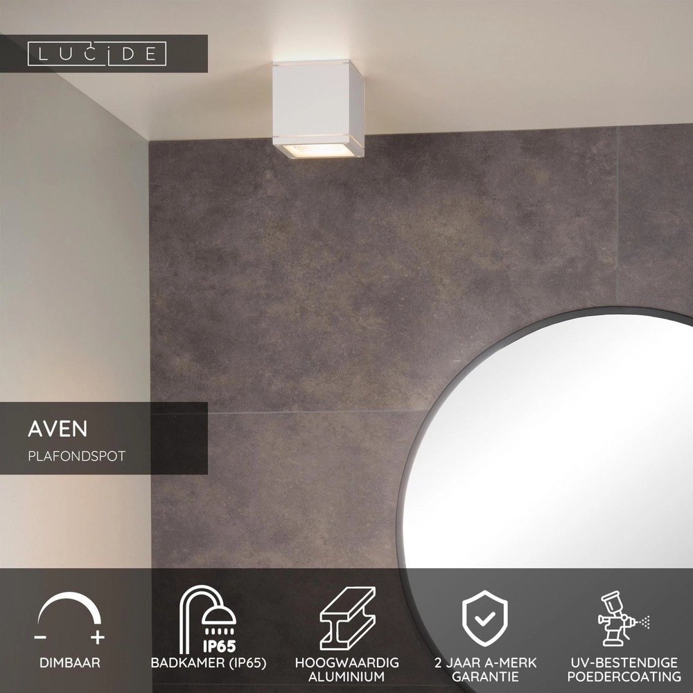 Projecteur carré de plafond Aven toilettes IP65 blanches Lucide 5411212221469