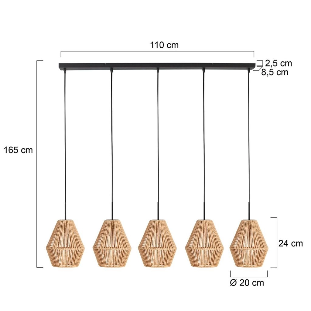 Lampe pendante à 5 lampes droite Ropex avec des cagoules en rotin Steinhauer 8712746183252