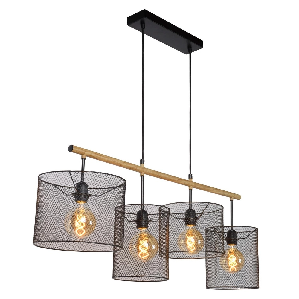 Lampe suspendue à 4 lumières Baskett noir avec bois Lucide 5411212450531