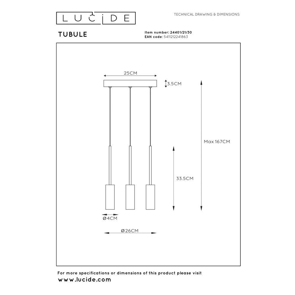 Lampe pendante à 3 lumières Tubule Noir Lucide 5411212241863