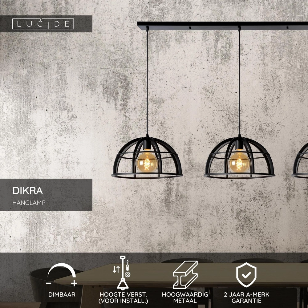 Lampe pendante à 3 lampes Dikra Industrial Black Lucide 5411212761026