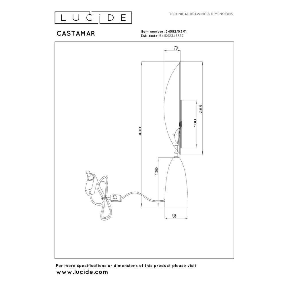 Lampe de table de conception Castamar Ø 25,5 cm de chrome Lucide 5411212345837