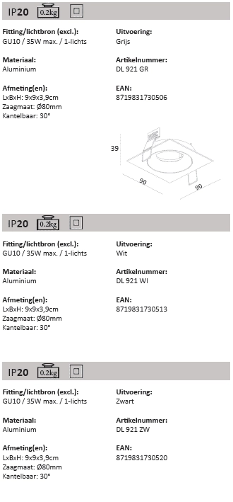 Spot encastrable GU10 Downel gris Artdelight 8719831730506