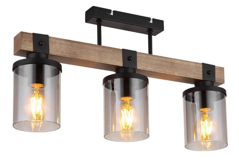 Plafonnier 3 lumières Lila noir avec du bois Plafonnier 3 lumières Lila noir avec du bois