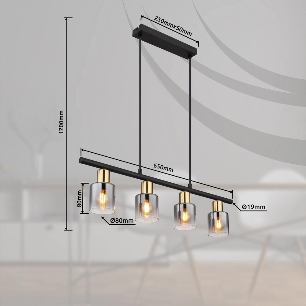 Lampe suspendue à 4 lumières Hollsy noir avec verre fumé Globo 9007371454853