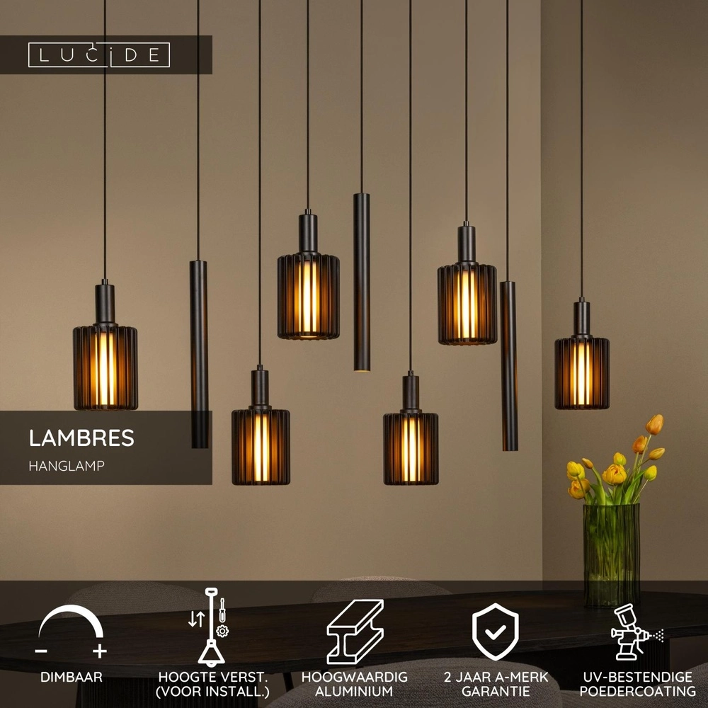 Lampe suspendue à 9 lampes Lambres Noir Lucide 5411212452986