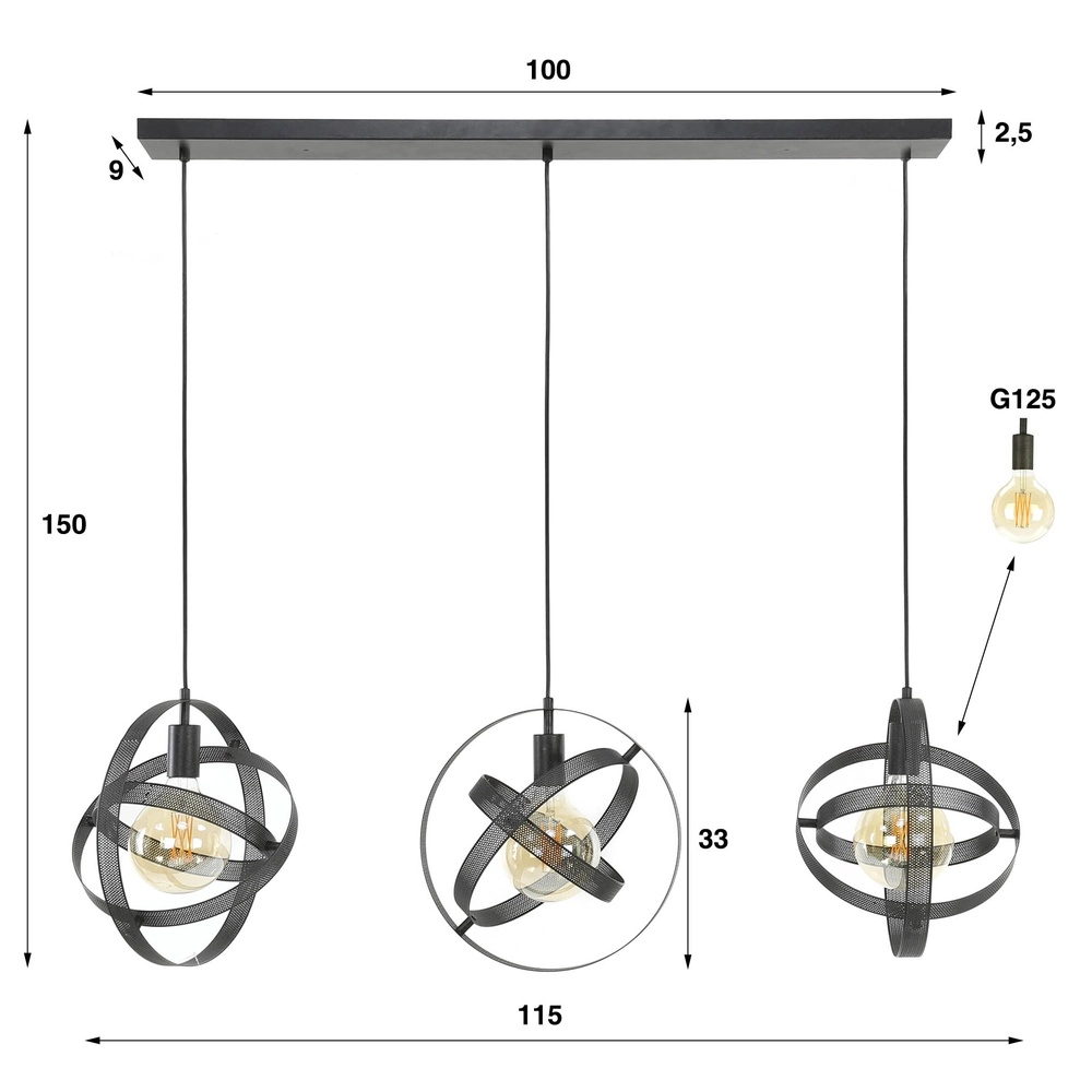 Lampe pendante à ampoule noire Cosmos Ø 33cm - 3x E27 Lyora 8716803513402