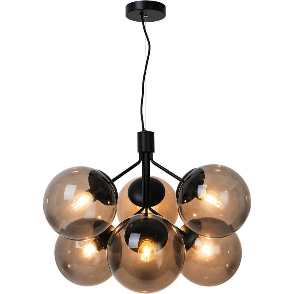 Suspension 6 lumières Ivona noir avec verre fumé