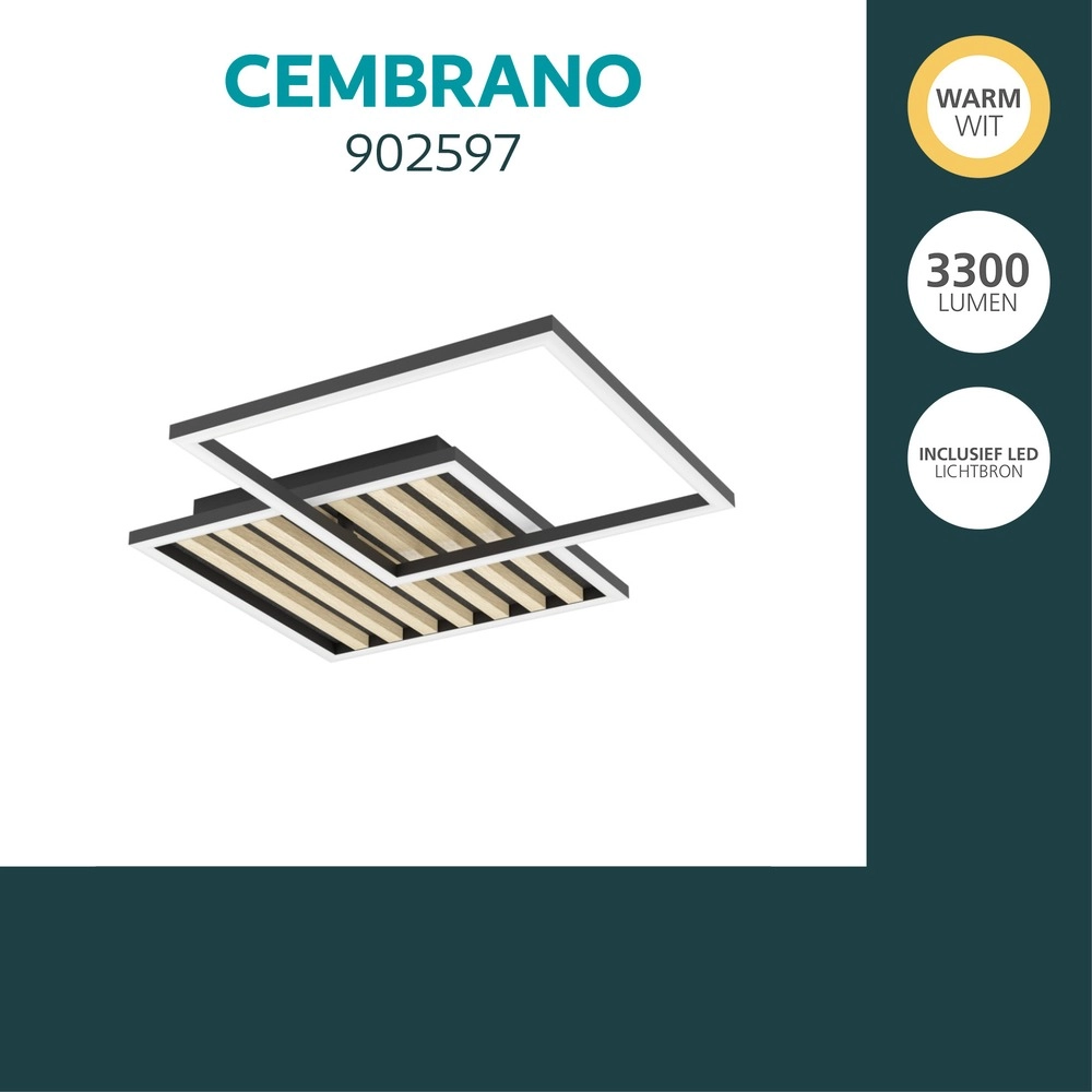 Lampe de plafond moderne Cembrano noir avec carré bois 48,5 x 48,5 cm Eglo 9008606388226