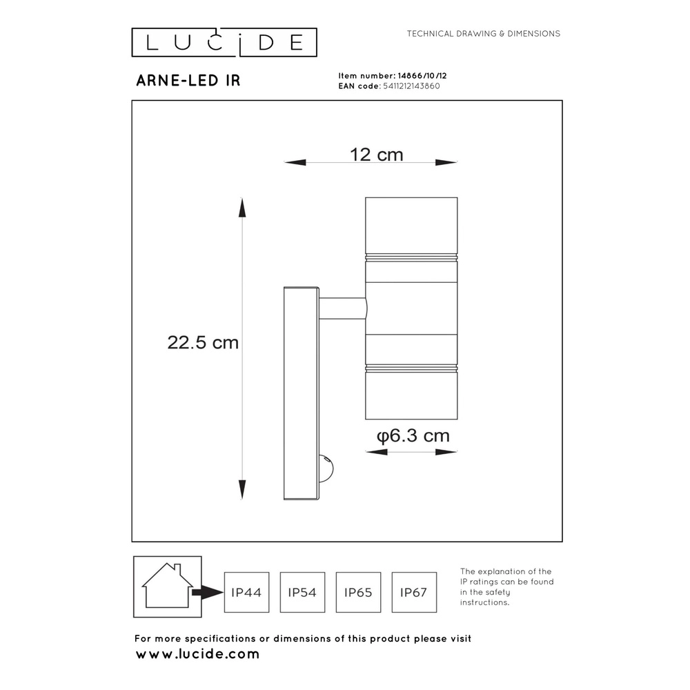 Projecteur mural Arne-Led Ir Chrome haut et bas avec capteur Lucide 5411212143860
