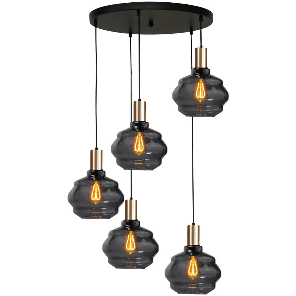 Suspension loft 5 lumières - dorée - Porto avec verres à fumée Ball - Ø 24cm Suspension loft 5 lumières - dorée - Porto avec verres à fumée Ball - Ø 24cm