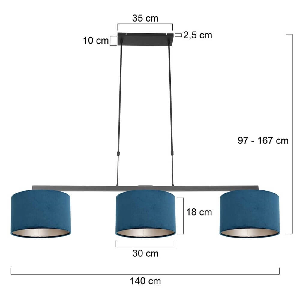 Lampe suspendue noire Stang avec des nuances de velours bleu Steinhauer 8712746165807