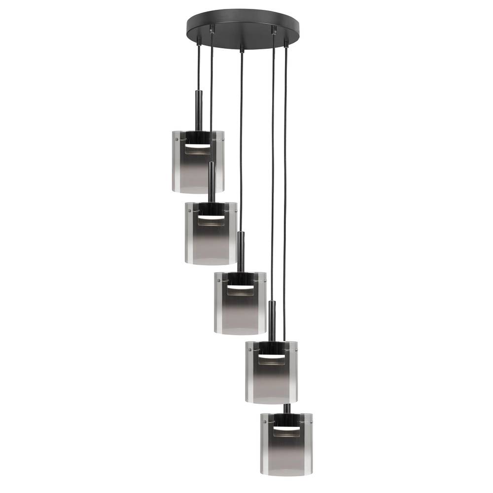 Suspension 5 lumières Salerno Rond noir avec verre fumé