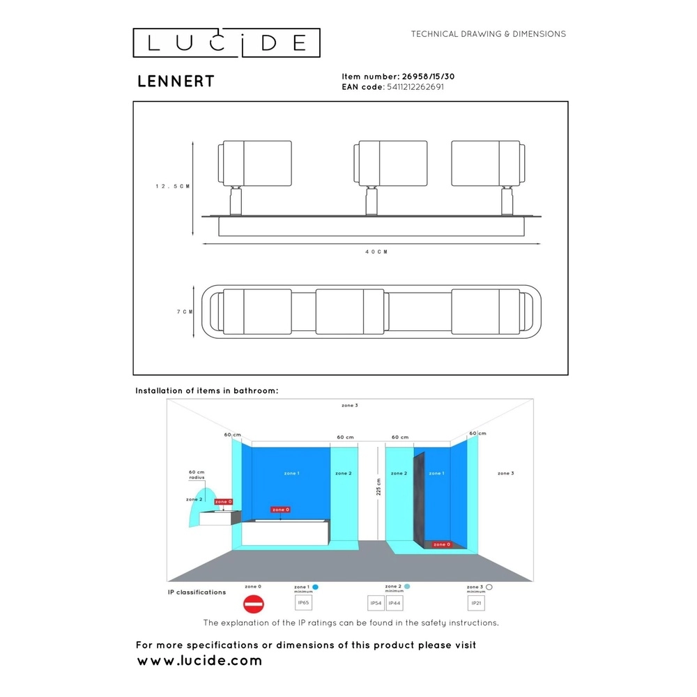 Projecteur de plafond Lennert Noir à 3 lumières Lucide 5411212262691