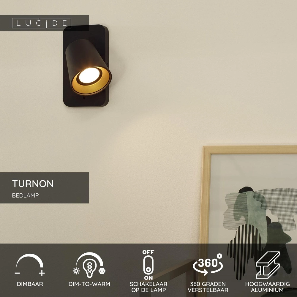 Lampe de chevet Turnon Noir faible à chaud Lucide 5411212092502