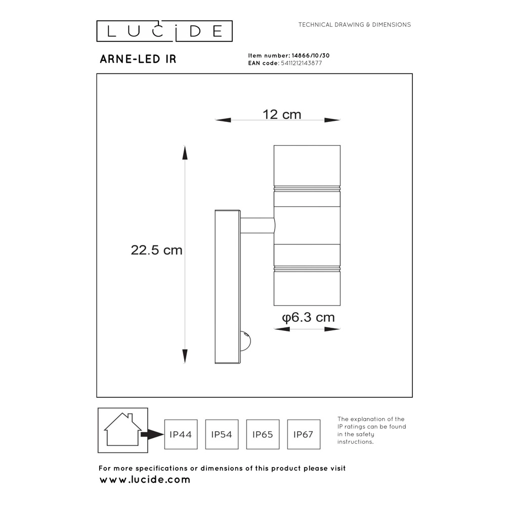Projecteur mural Arne-Led Ir Noir haut et bas avec capteur Lucide 5411212143877