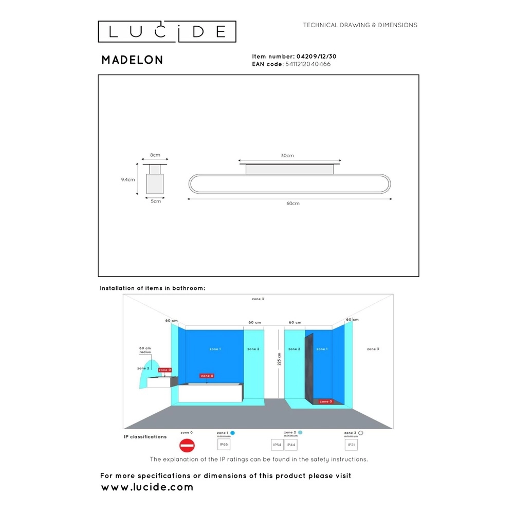Lampe murale Madelon Adapté pour le noir de salle de bain Lucide 5411212040466