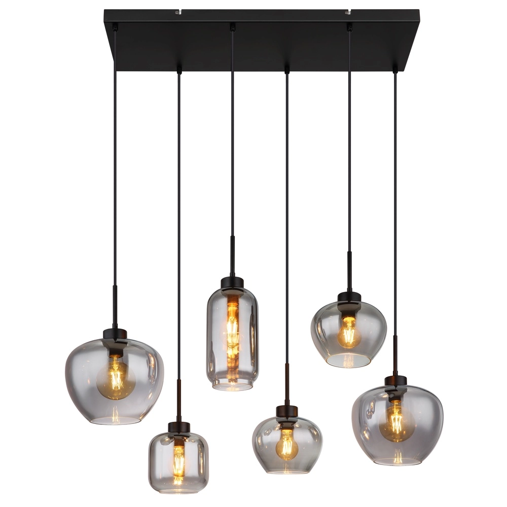 Lampe suspendue à 6 lampes Matt noir avec verre fumé Globo 9007371454259