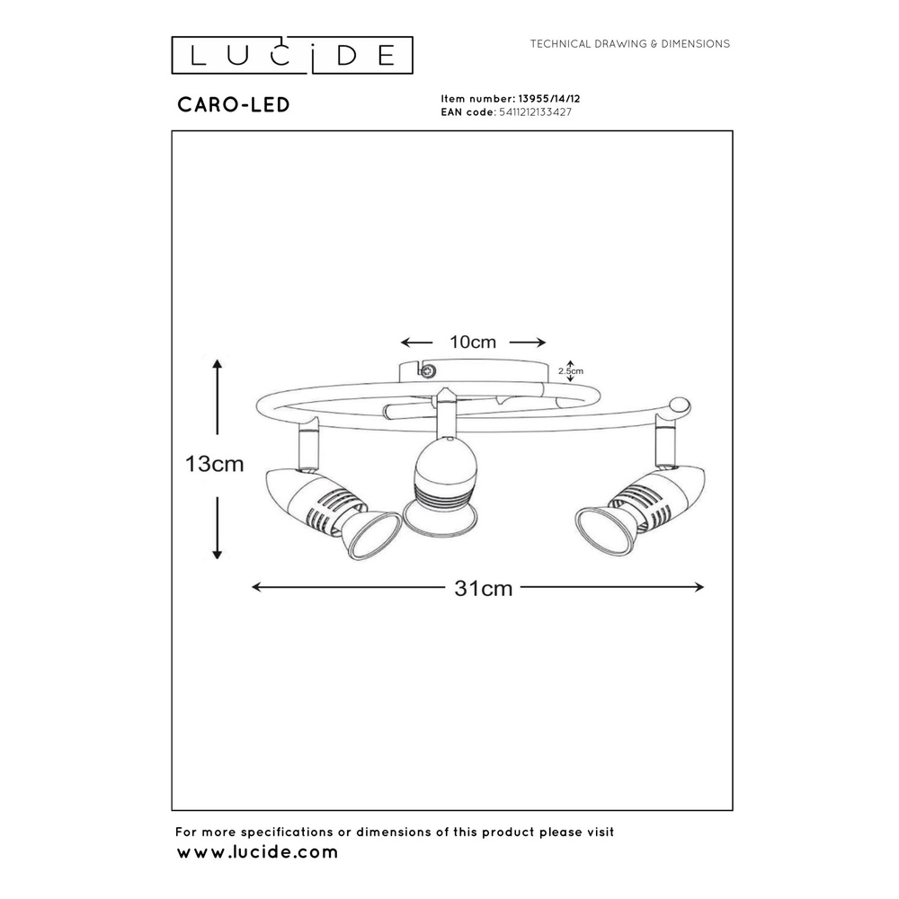 Projecteur de plafond Caro-Led Chrome mat à 3 lumières Lucide 5411212133427