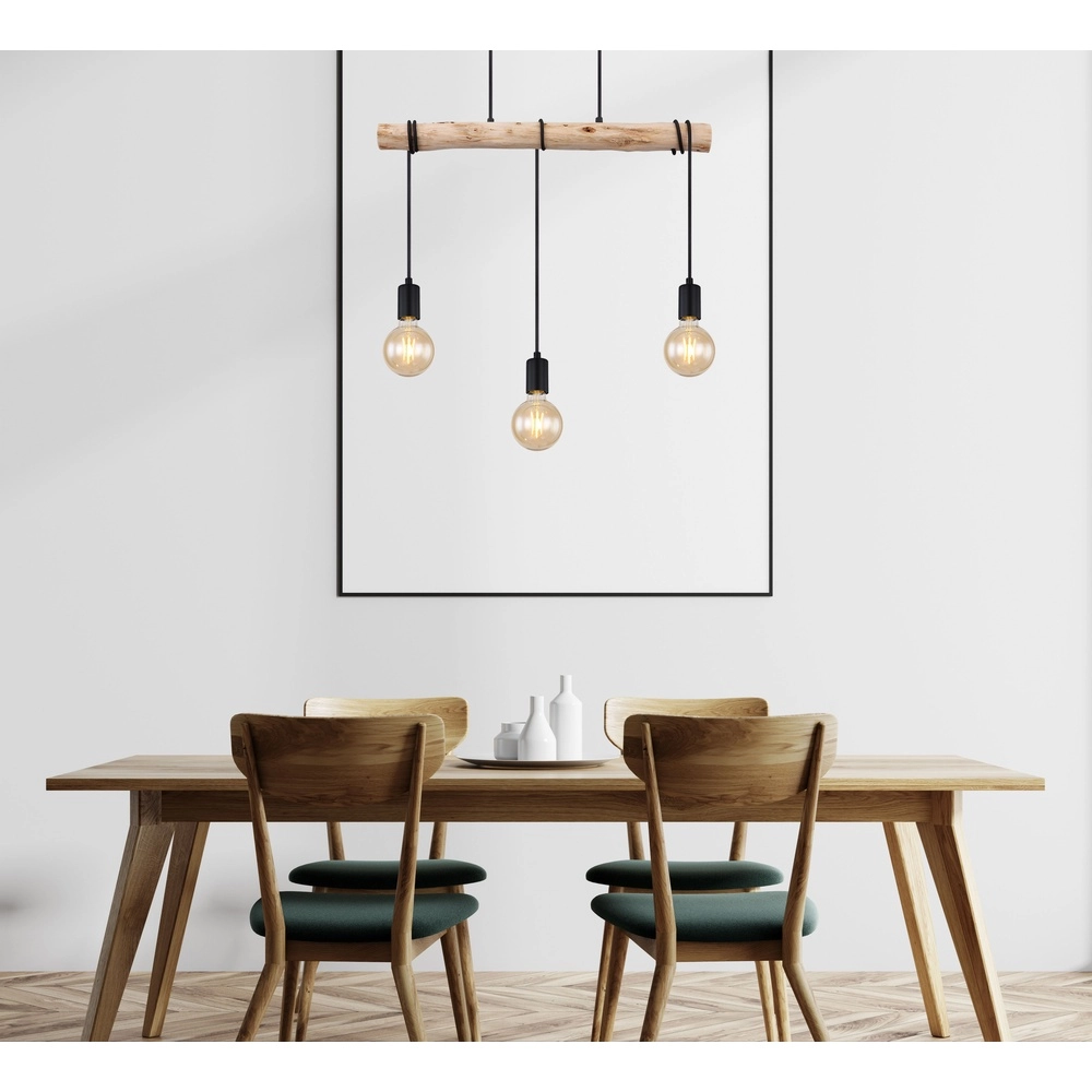 Lampe suspendue de table à manger à 3 lumières Gregor noir avec bois Globo 9007371436330