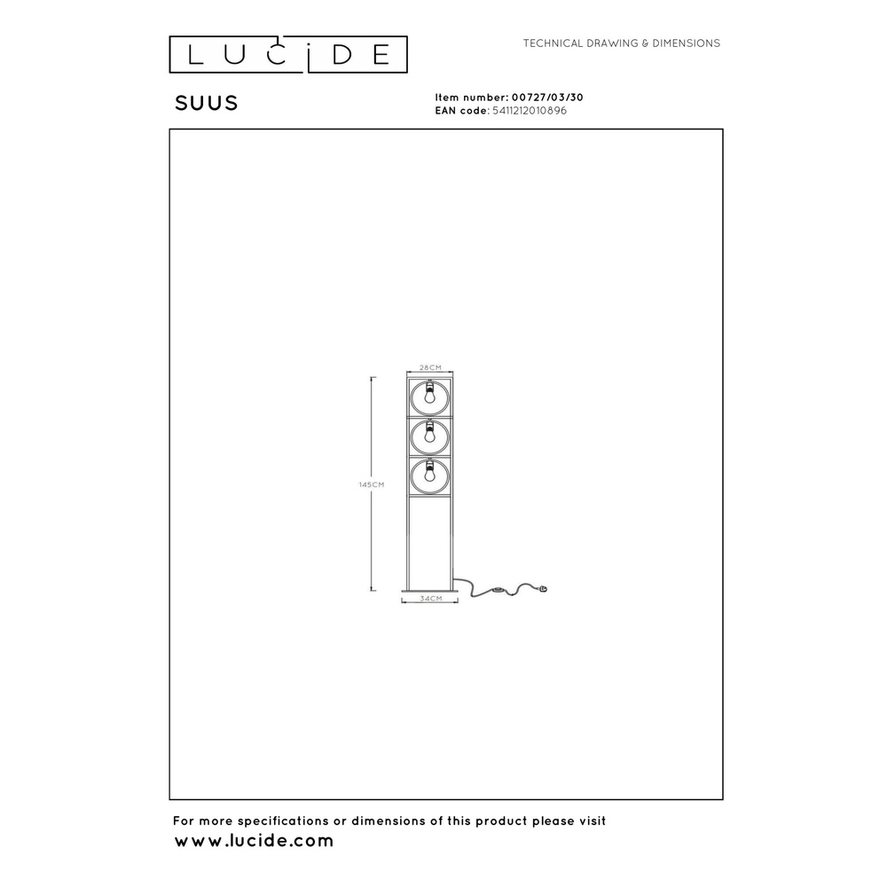 Lampe sur pied unique Suus Noir à 3 lumières Lucide 5411212010896