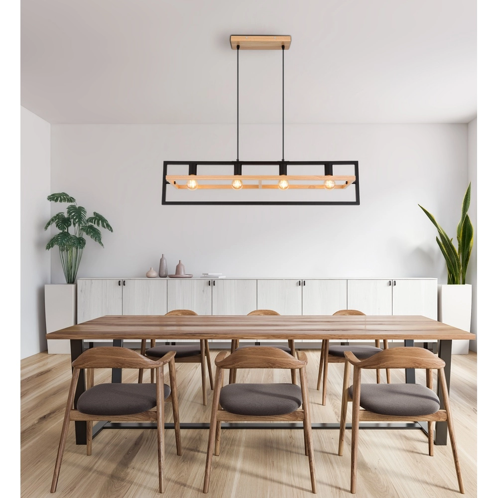 Lampe suspendue à 4 lumières Erica noir avec bois Globo 9007371433711