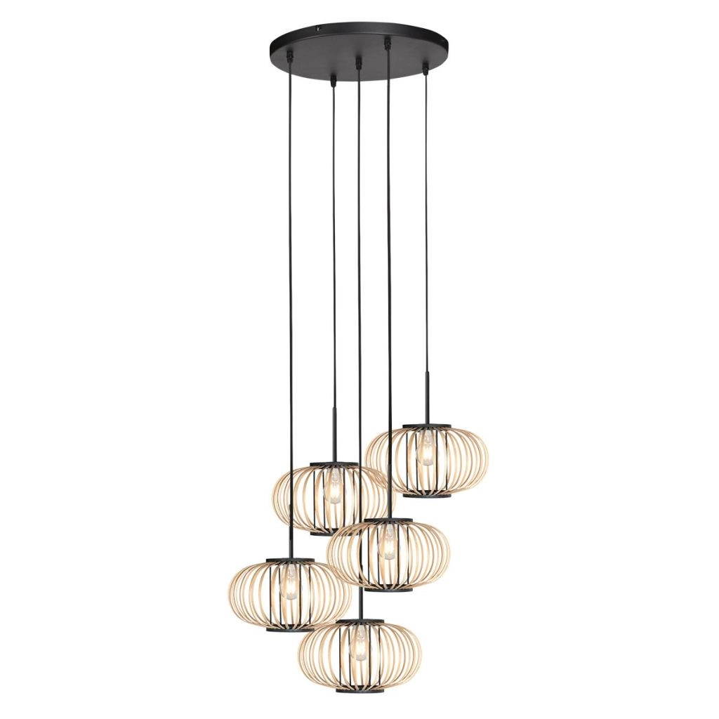 Lampe suspendue à 5 lampes Silva avec des capuchons de bambou