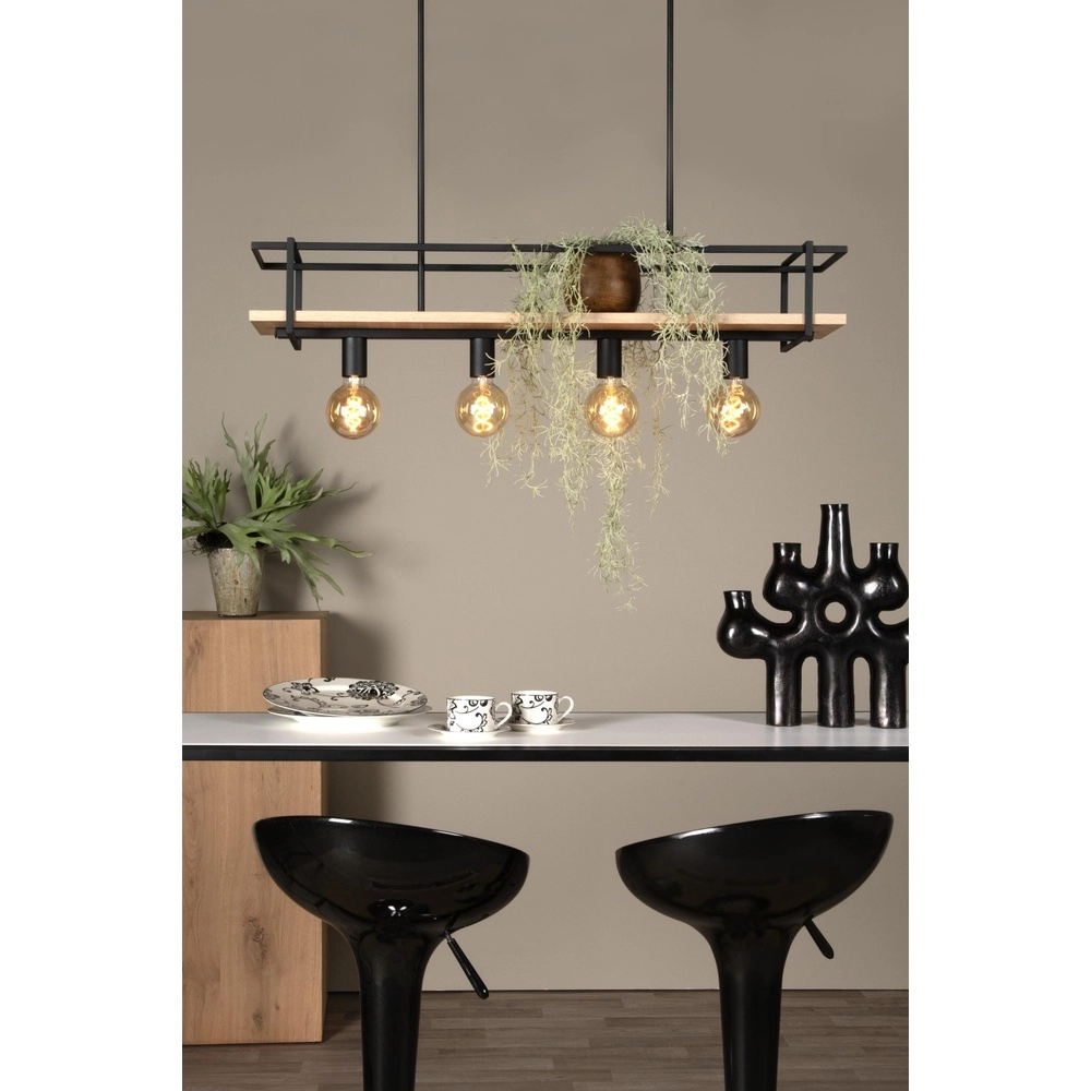 Lampe suspendue à 4 lumières Milonga noir avec bois Lucide 5411212211750