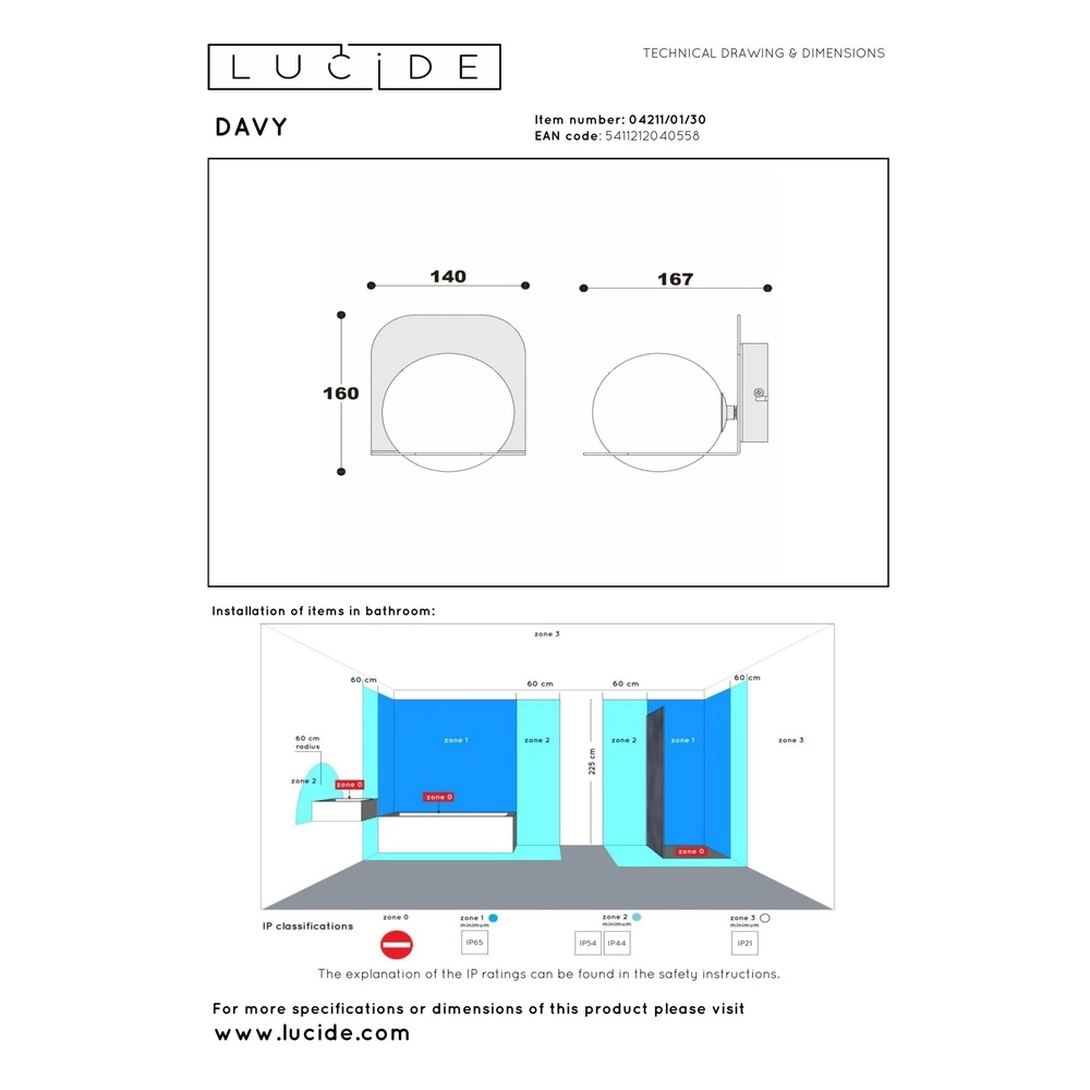 Lampe murale de conception Davy noir adapté à la salle de bain Lucide 5411212040558