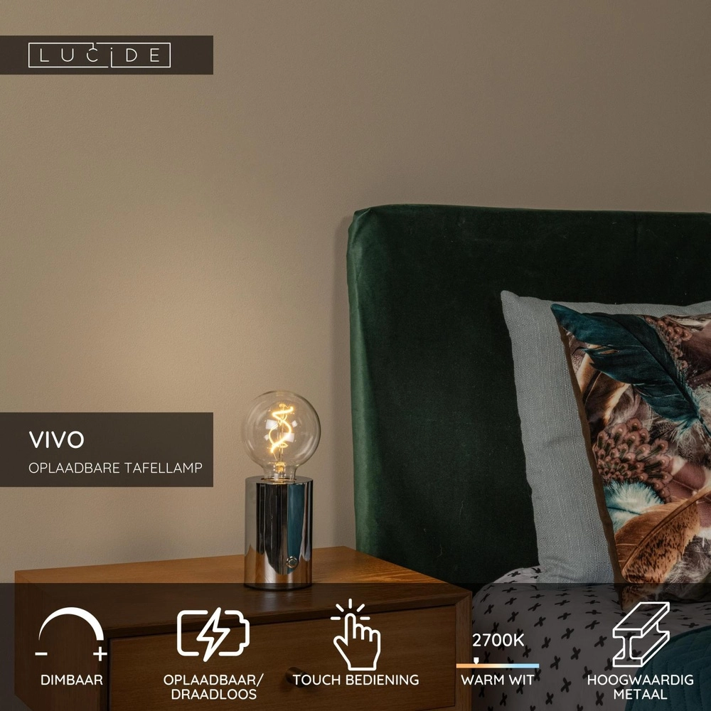 Lampe de table rechargeable Vivo Chrome Lucide 5411212520869