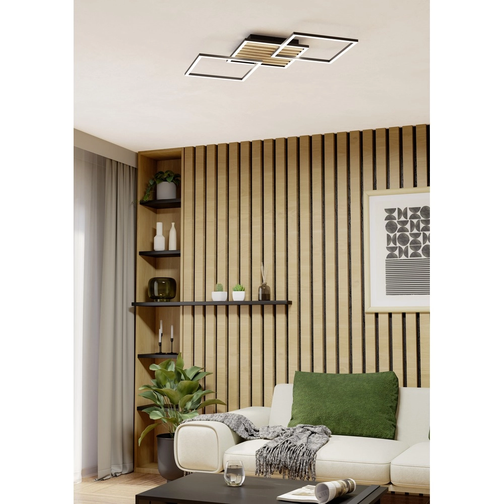 Lampe de plafond moderne Cembrano noir avec carré bois 92,5 cm Eglo 9008606388240