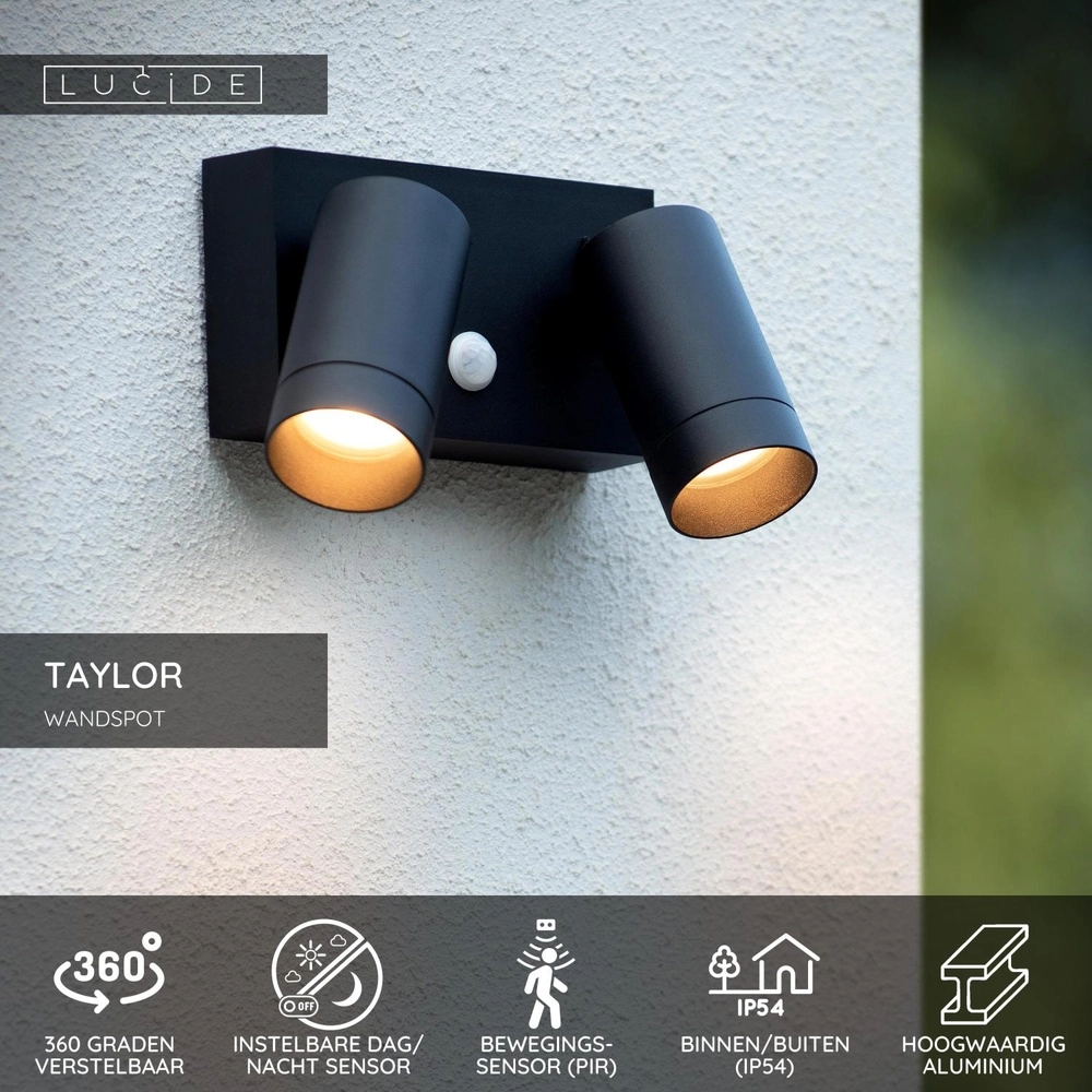 Projecteur mural Taylor Double IP54 avec capteur noir Lucide 5411212092717
