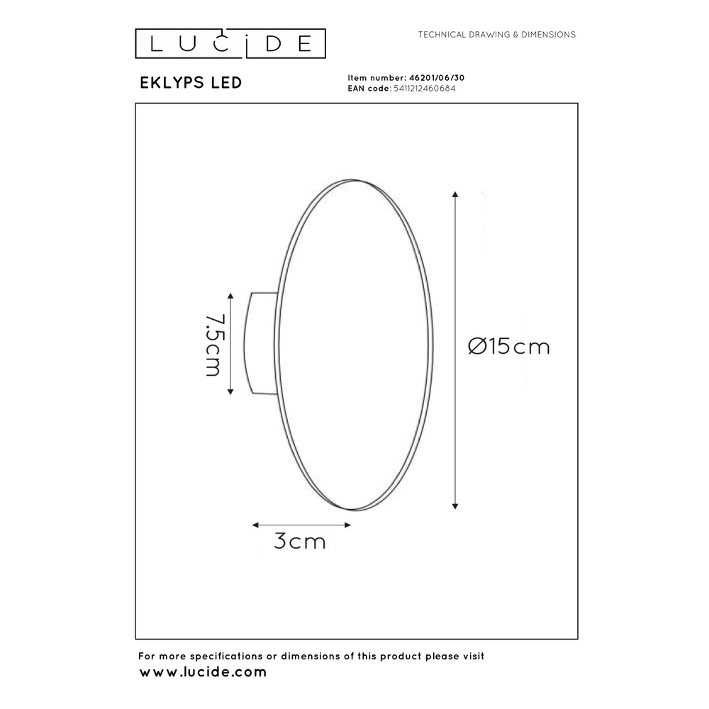 Lampe murale de conception Eklyps Led Ø 15 cm de noir Lucide 5411212460684