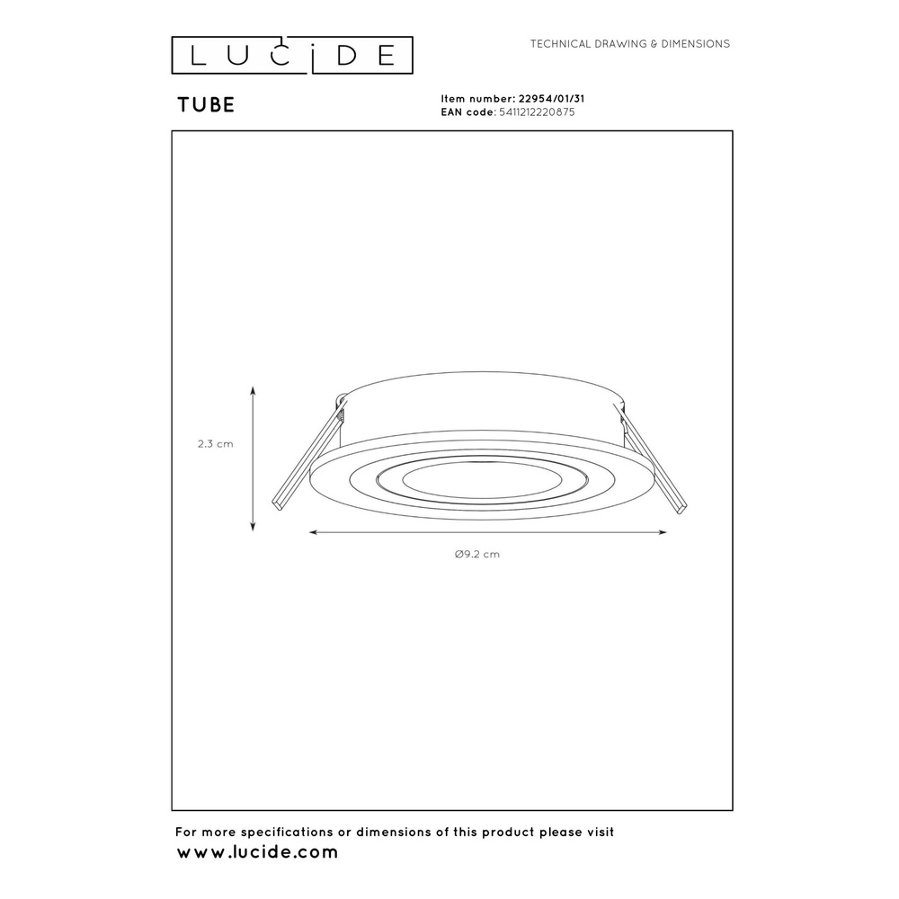 Projecteur encastré Tube blanc Ø 9,2 cm Lucide 5411212220875