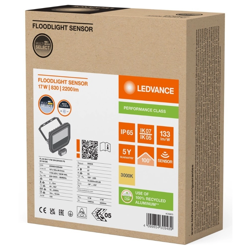 Projecteur Vance 17W - 3000K noir avec capteur Lyora 4099854309489