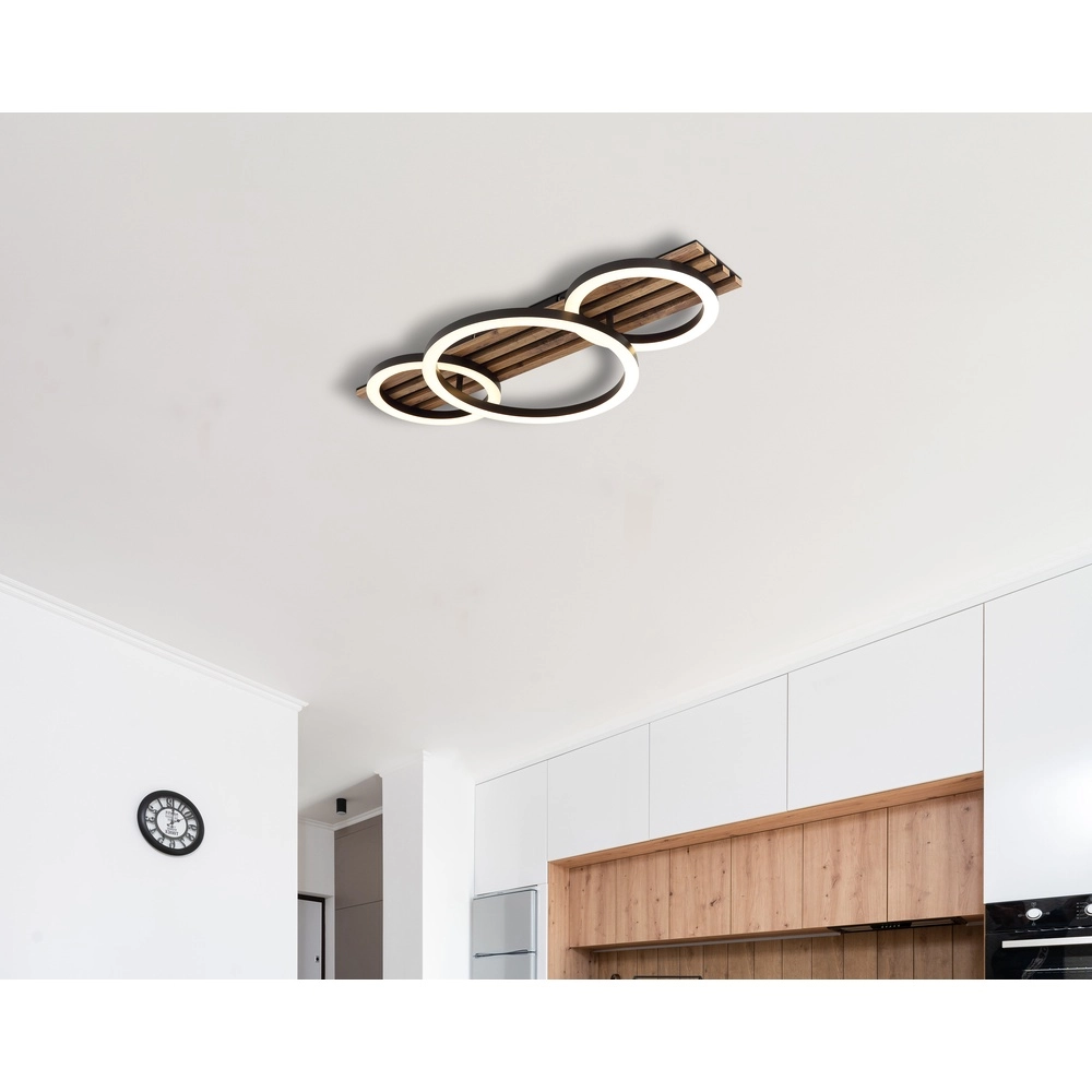Lampe de plafond Tisha 3 anneaux noirs avec du bois Globo 9007371528578