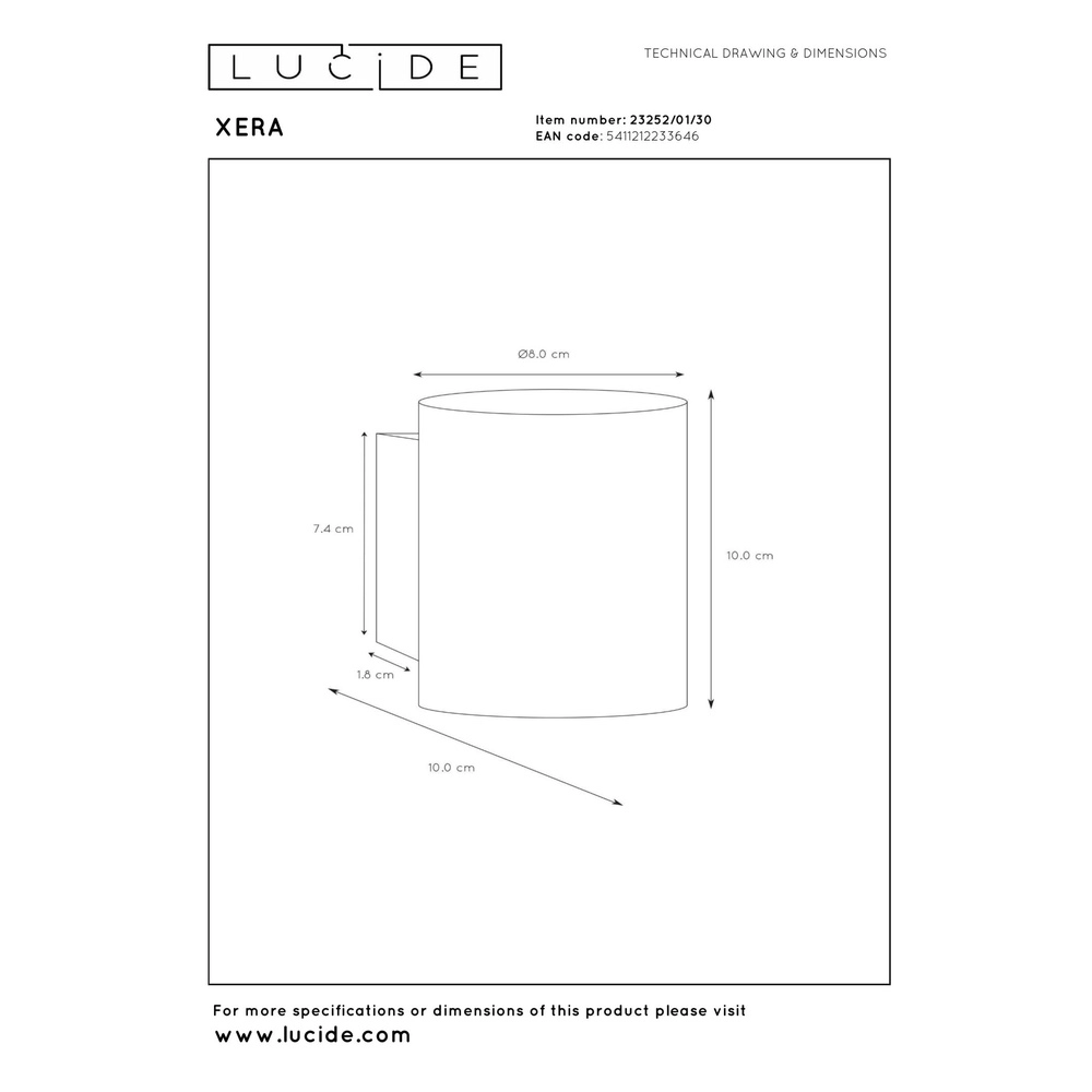 Lampe murale Xera Ø 8 cm de noir Lucide 5411212233646