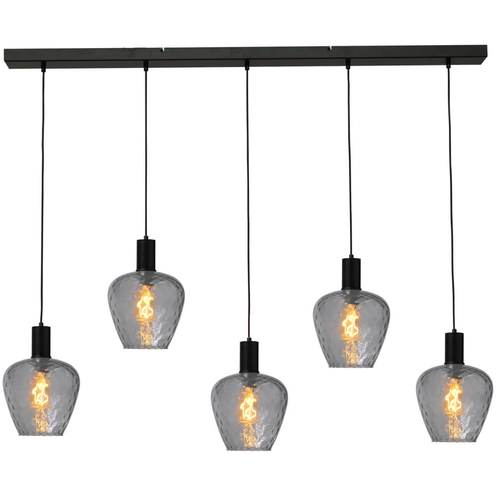 Lampe suspendue 5 lumières - noire - Porto avec des verres à fumée Diamond Lampe suspendue 5 lumières - noire - Porto avec des verres à fumée Diamond