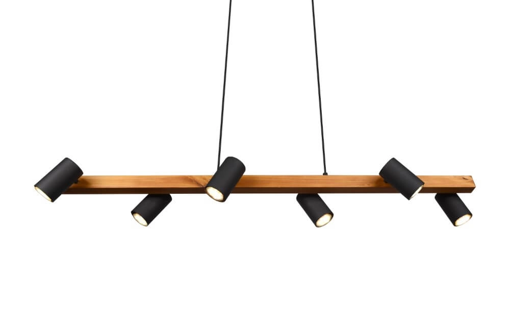 Lampe suspendue Marley 6 lumières noir avec bois Trio 4017807523843