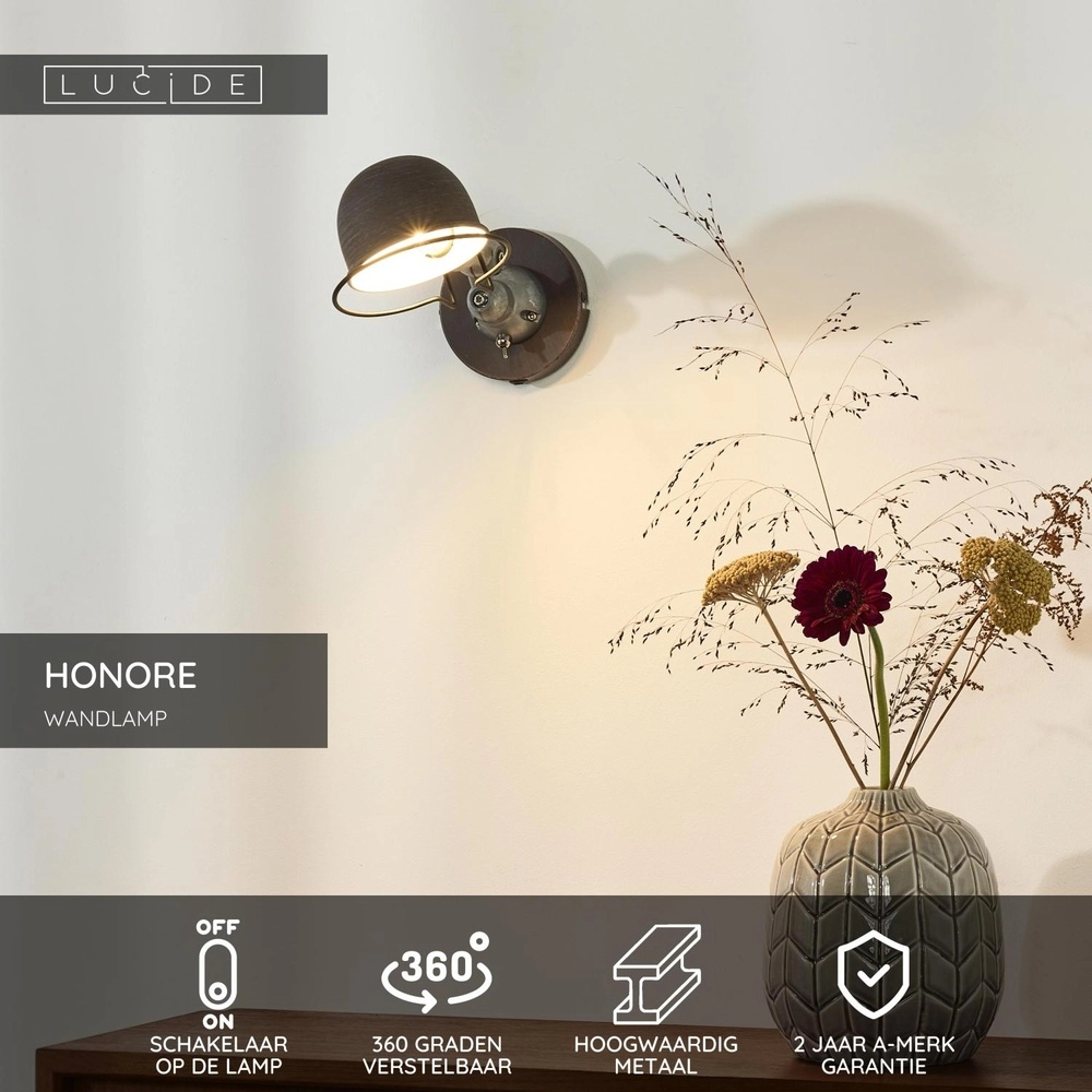 Lampe murale classique Honore Brun rouille Lucide 5411212450371
