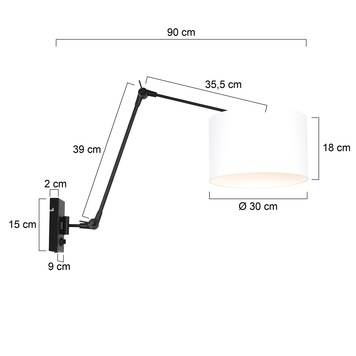 Lampe de lecture murale Prestige Chic noir avec abat-jour blanc uni de 30 cm Steinhauer 8712746145885