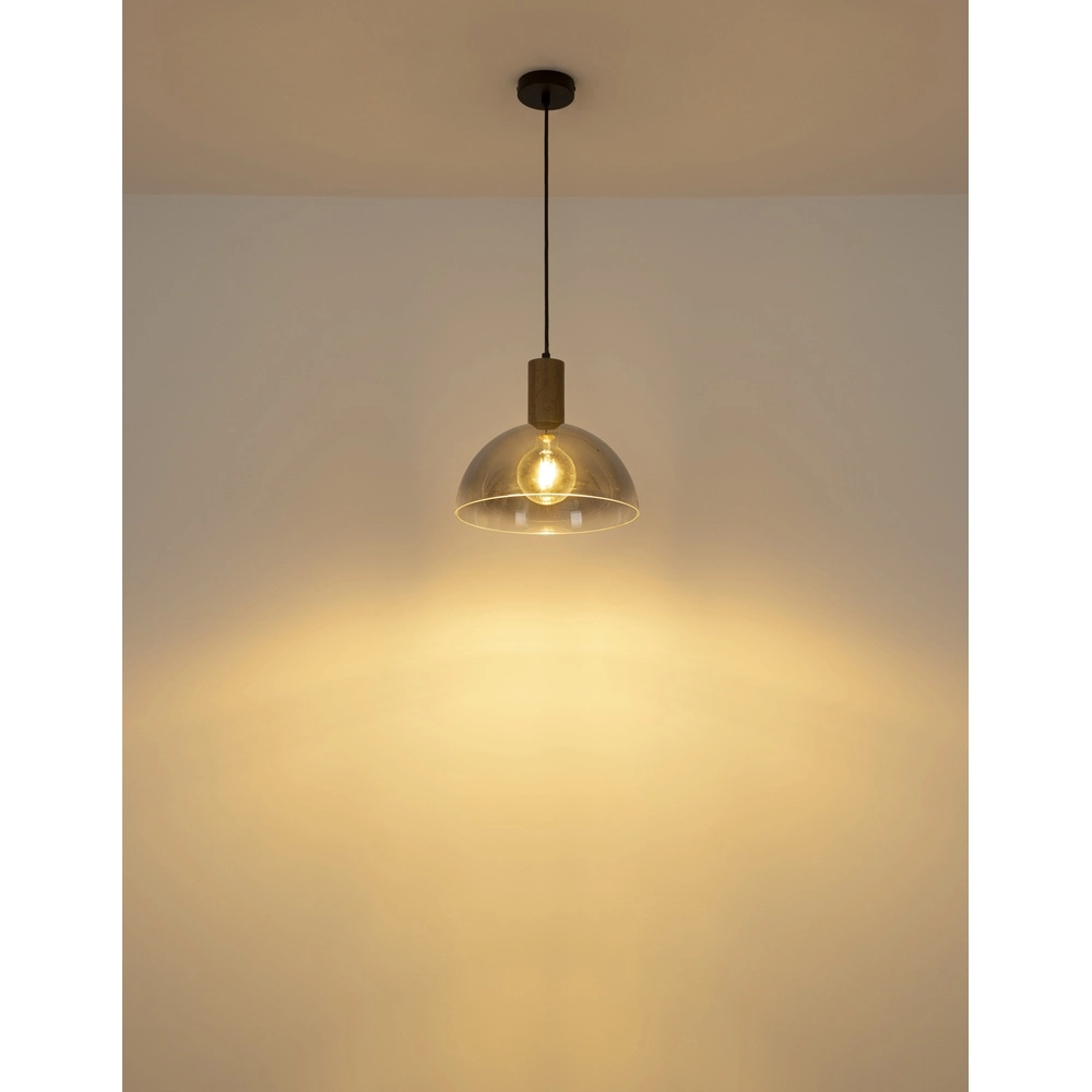 Lampe pendante de campagne Romy noir avec bois Globo 9007371580354