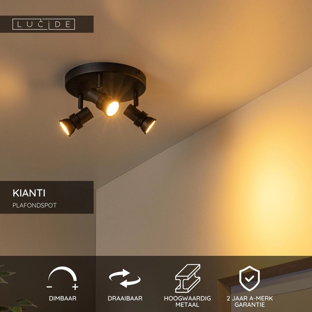 Projecteur de plafond Kianti Noir à 3 lumières Lucide 5411212530875