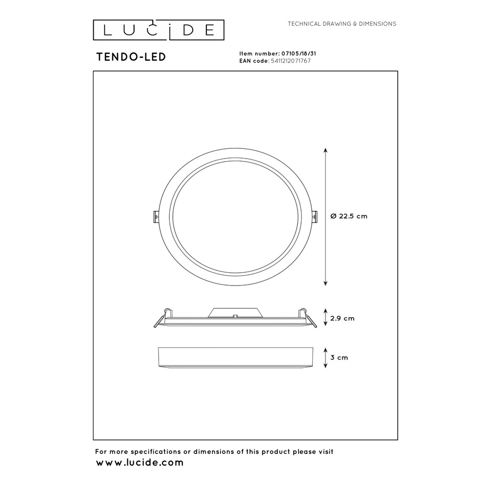 Lumière blanche de plafond Tendo-Led Ø 22cm Lucide 5411212071767
