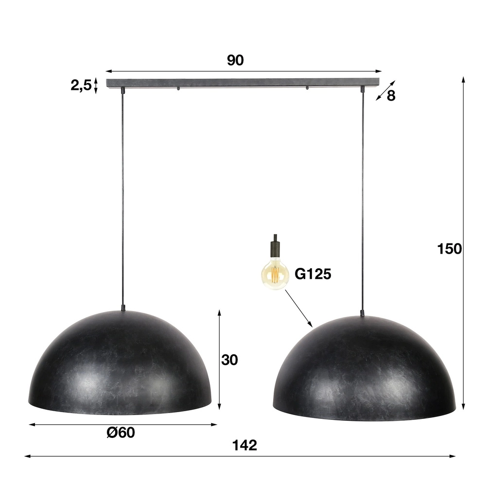 Lampe pendante industrielle Dome 2x Ø 60cm - charbon de bois Lyora 8716803512566